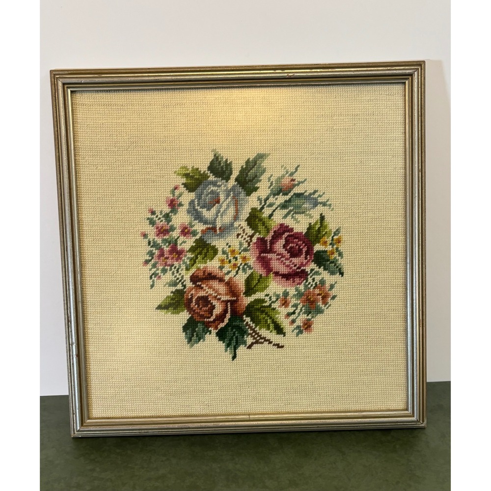 Vintage Floral Needlepoint Framed Wall Art Kennedy Studios Roses Cottagecore